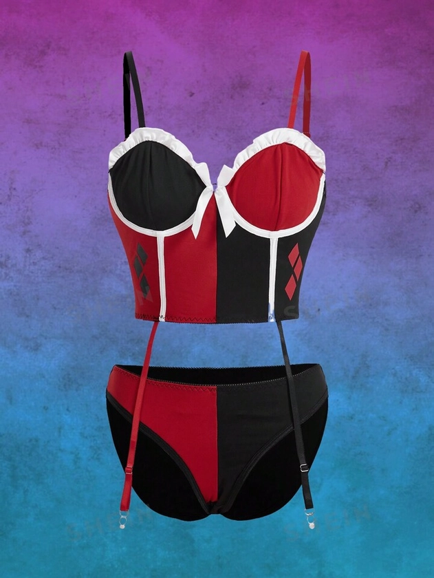 Harley Quinn | ROMWE Colorblock Frill Trim Garter Bustier Set Lingerie