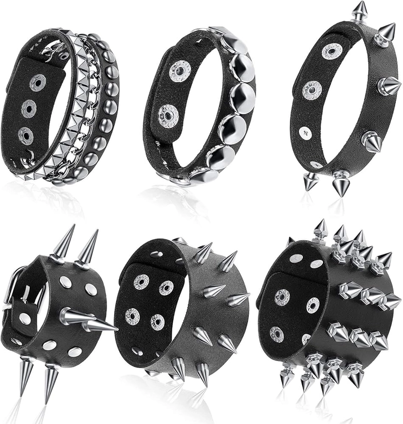 Amazon.com: Hicarer 6 Pcs Spiked Studded Bracelets Punk Leather Rivets Bracelet Cuff for Men Women Halloween Accessories(Classic Style): Clothing, Shoes & Jewelry