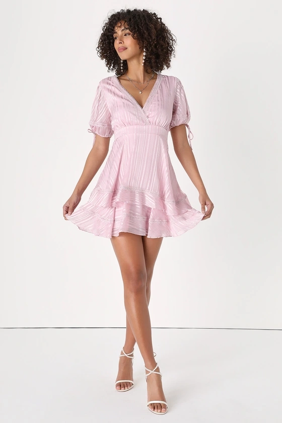 Adorable Essence Light Pink Striped Puff Sleeve Mini Dress