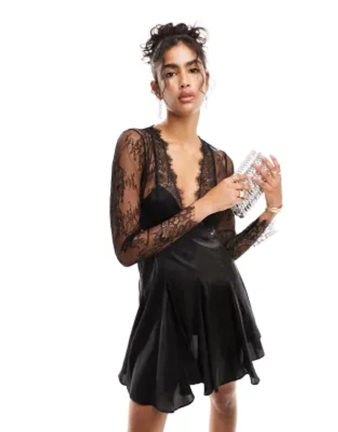 ASOS DESIGN satin cut out waist mini dress with lace detail in black | ASOS