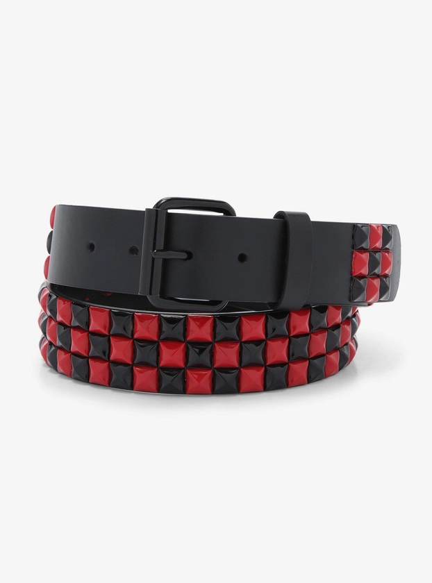 Black & Red Three Row Pyramid Stud Belt