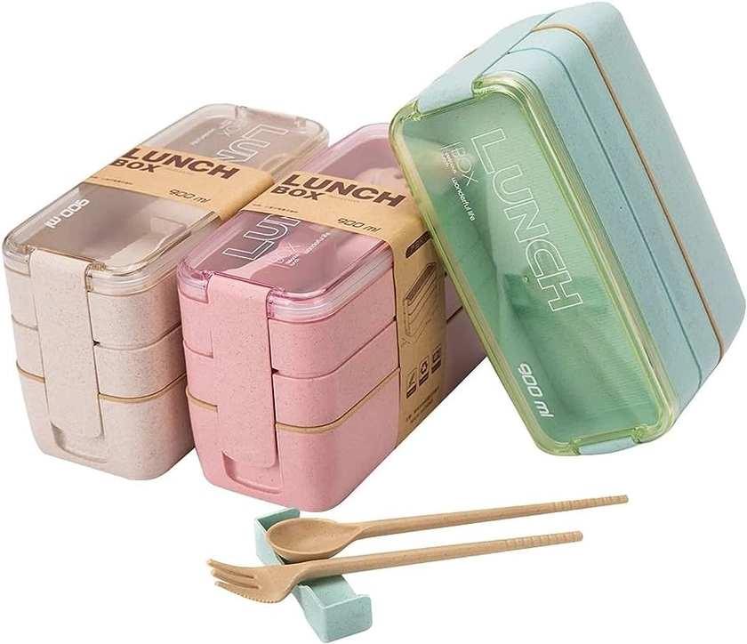 Rarapop 3 Pack Stackable Bento Box Adult Japanese Lunch Box Kit with Spoon & Fork, 3-In-1 Compartment Wheat Straw Meal Prep Containers (Green/Pink/Beige)