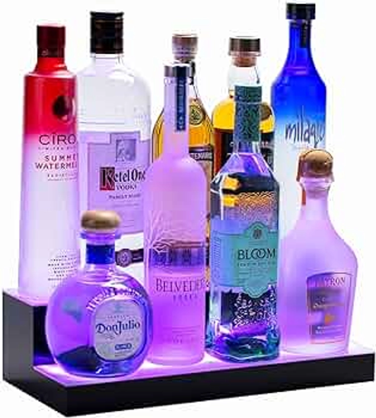 BarSquad LED Lighted Bar Shelf - 16in, 2 Step Illuminated Liquor Bottle Display Shelf with Multicolor Lighting Modes, Wireless Remote