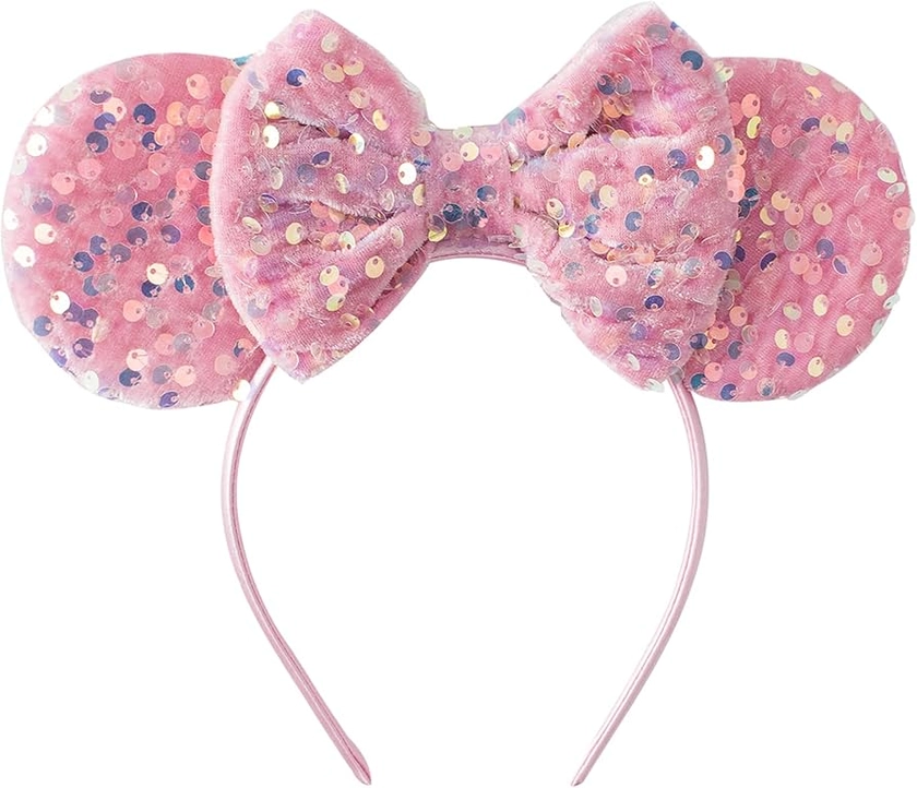 Sequin Mouse Ears Headband with Glitter Bow Sparkle Princess Party Amusement Park Hair Band for Girls Women Cosplay Costume Headwear Pink