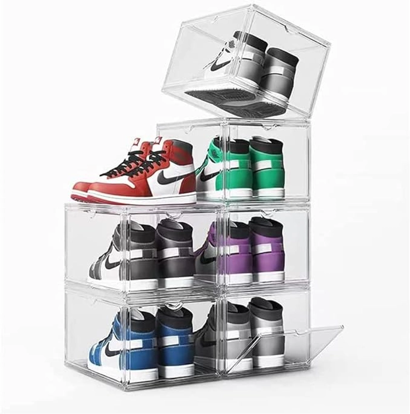 Yagizaai Bayou Lot de 6 boîtes de rangement à chaussures empilables en plastique transparent avec porte transparente, rangement de chaussures et conteneurs pour chaussures de sport, jusqu'à la taille