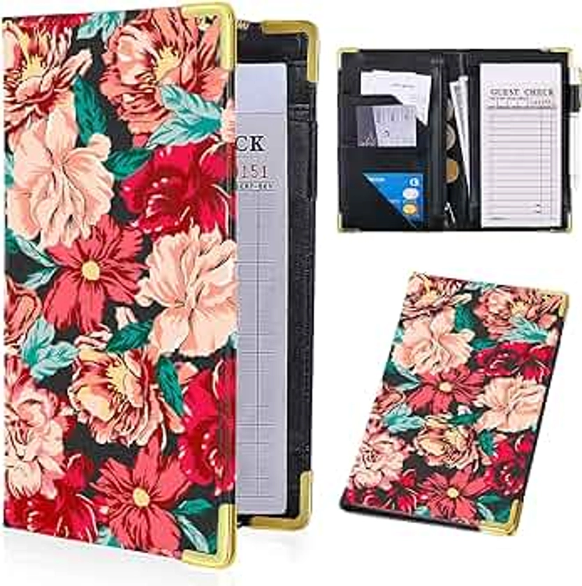 Romantic Rose Floral Server Books for Waitress - Peony Flowers Leather Waiter Book Server Wallet with Zipper Pocket, Love Waitress Book&Waitstaff Organizer with Money Pocket Fit Server Apron (Red)