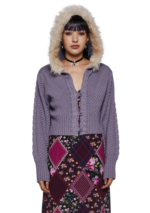 Delia's Faux Fur Lined Cable Knit Hoodie - Purple