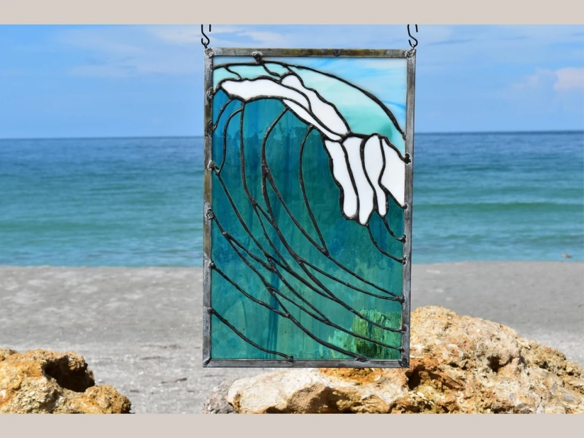 Coastal Beach Waves Stained Glass Window Panel Sun Catcher Wall Hanging