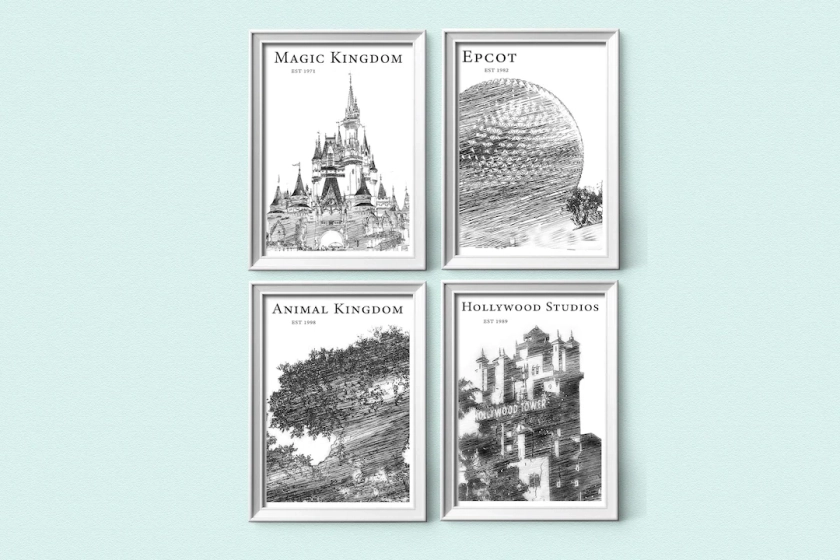 Modern Sketch Disney World Prints, Portrait Set of Four, Black and White, Contemporary Disney Park Prints - Etsy