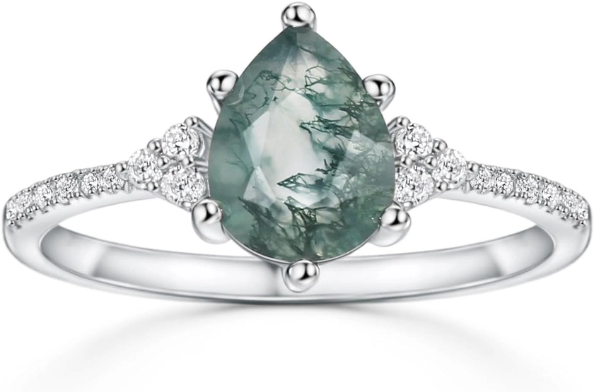S925 1.5ct Natural Moss Agate Ring Aquatic Agate Sterling Silver Engagement Ring Women Unique Green Stone Wedding Ring Jewelry Gift for Women