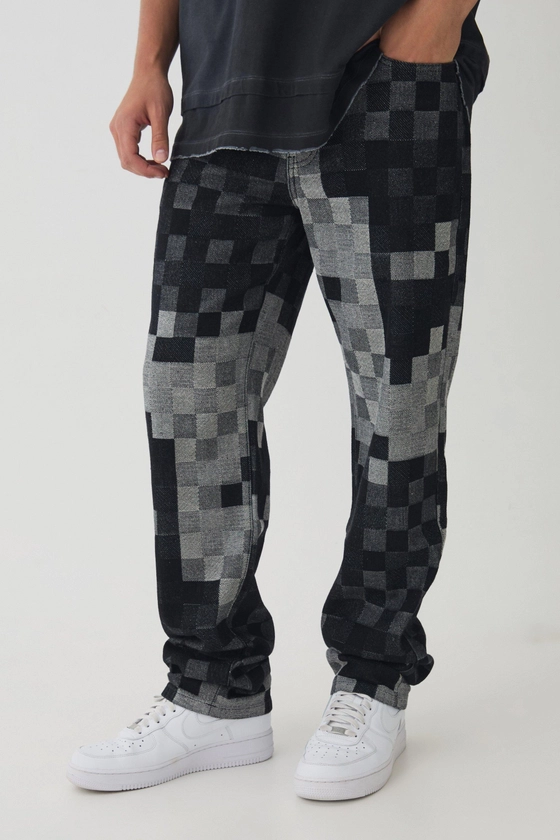 Relaxed Fit Checkerboard Jacquard Turn Up Hem Jeans | boohooMAN UK