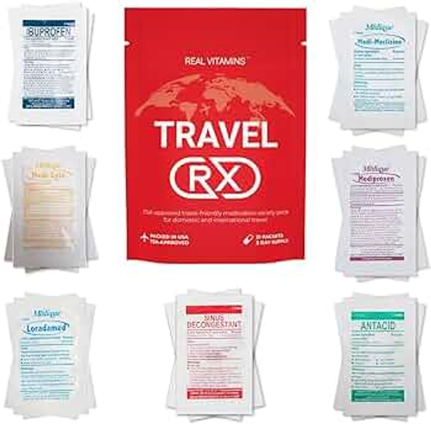 Travel RX Medicine Kit - Bulk Travel Medicine Kit with Individually Wrapped Medicine & Bag for Indigestion, Motion Sickness & More by Real Vitamins (1 Kit)
