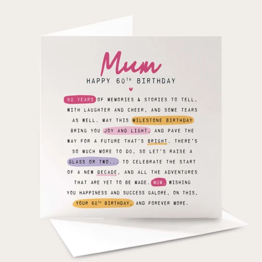 Personalised Mum 60th Birthday Card, Milestone Birthday Card, Mum Birthday, 60th Birthday Card For Her, Meaningful Birthday Card