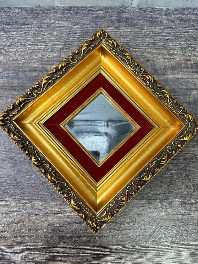 Accent Wall Mirror Gold Tone Wood Frame Wall Decor Square Diamond Shape 9 or 13"