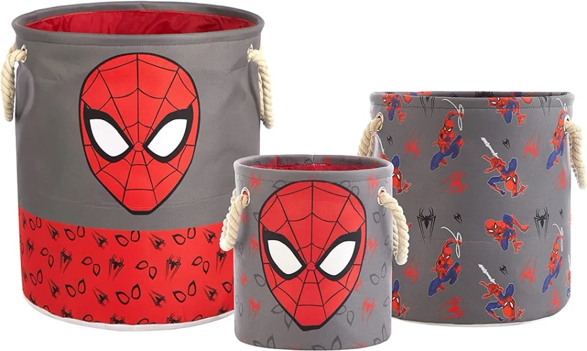 Marvel Spiderman 3 Piece Multi Size Fabric Nestable Toy Storage Basket Set, with Rope Carry Handles