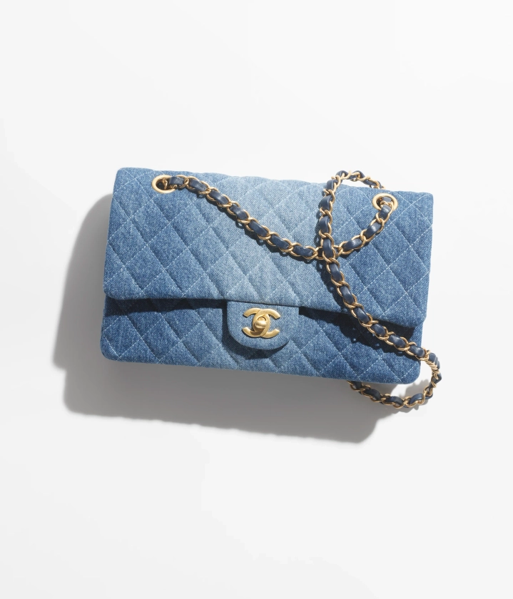 Classic 11.12 handbag, Washed denim & gold-tone metal, blue — Fashion | CHANEL