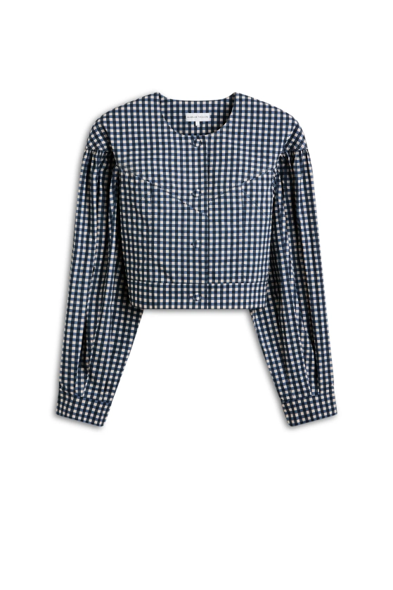 GINGHAM PRINT GATHER JACKET - NAVY SHELL - Scanlan Theodore