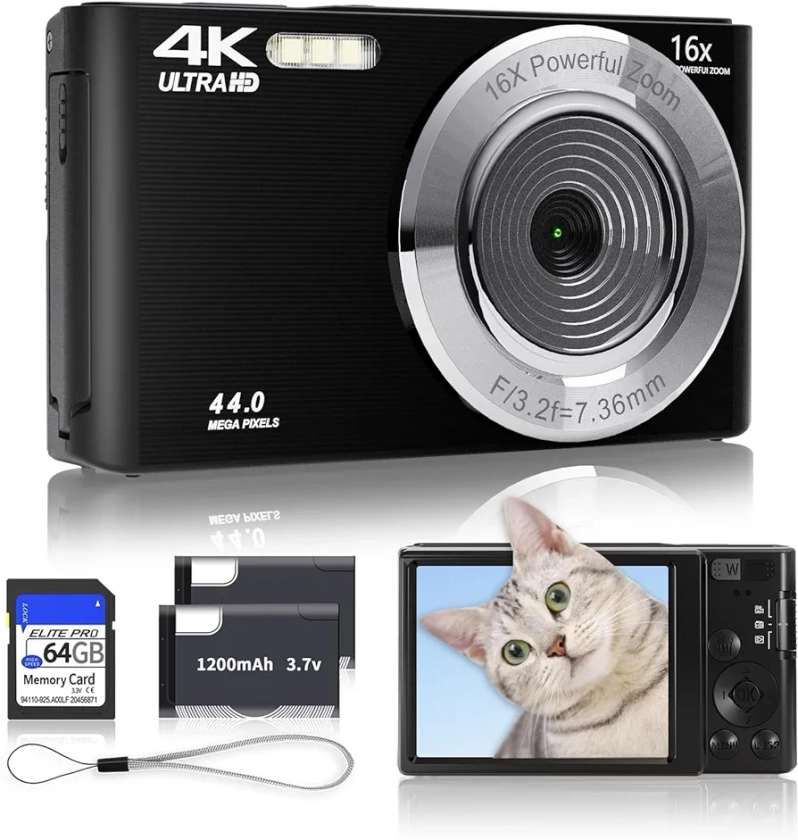 Black Digital Camera 2024 Newest 4K 44MP Digital Cameras for Teens, Digital Point and Shoot Camera for Kids with 16X Zoom, 64GB SD Card, Compact Small Camera for Boys Girls Teens Kids Gift