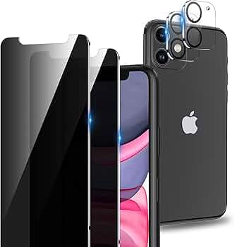 2 Pack Privacy Screen Protector for iPhone 11 with 2 Pack Camera Lens Protector, Anti Spy 9H Hardness Tempered Glass Film, Bubble Free Easy Installation 6.1 Inch [2+2 Pack]