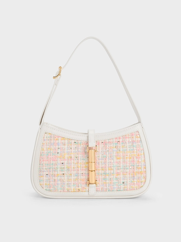 White Cesia Metallic Accent Tweed Shoulder Bag | CHARLES & KEITH