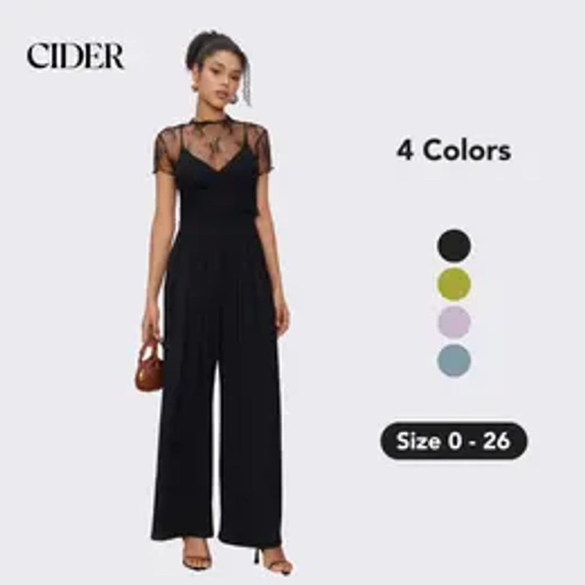 Cider [size 2-26] Lace See-through Top & V Neck Wide Leg Jumpsuit