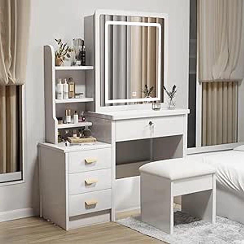 Amazon.com: RIDFY Makeup Vanity with Mirror and Lights,Modern Bedroom Makeup Table Set with Upholstered Stool,Vanity Desk with 4 Drawers & Shelves,3 Color Lighting Brightness Adjustable,White (4 Drawers-upgrade) : Home & Kitchen