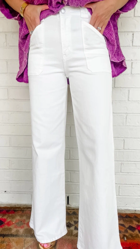 White Patch Pocket Wide Leg Jeans