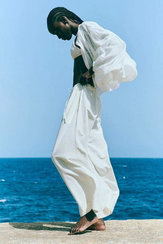 Pantalon en lin mélangé - Taille haute - Longueur cheville - Blanc - FEMME | H&M FR