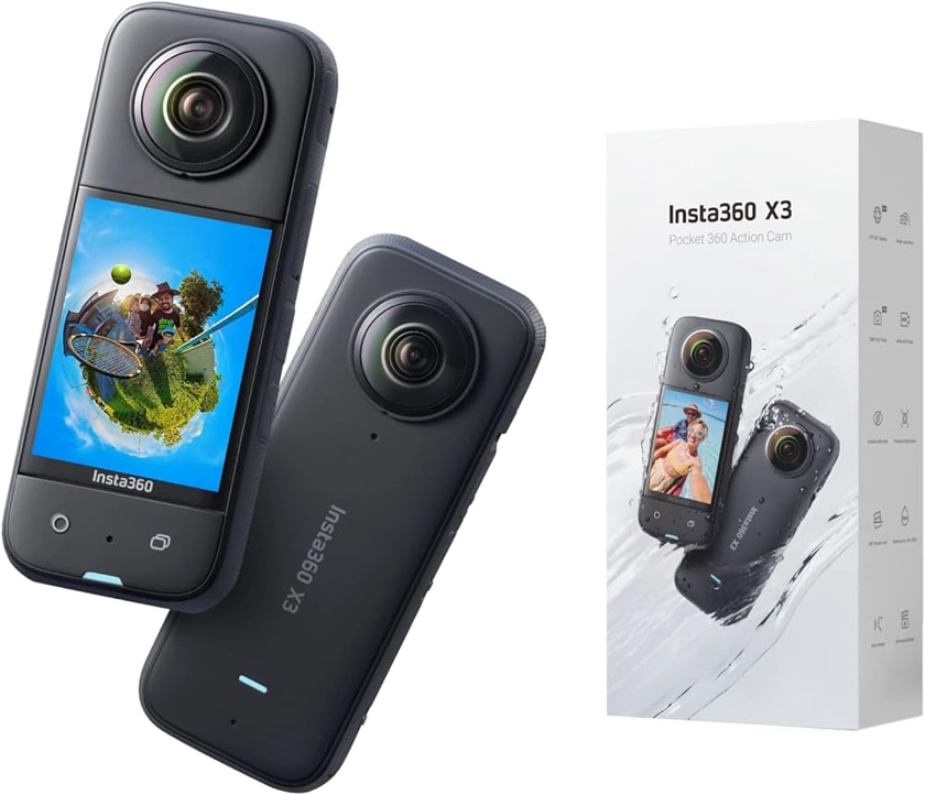 Insta360 X3 - Caméra d'action 360 degrés étanche avec capteurs 1/2" 48MP, vidéo Active HDR 5,7K 360, Photo 360 72MP, Mode Mono-Objectif 4K, Mode Me 60ips, stabilisation, écran Tactile 2,29"