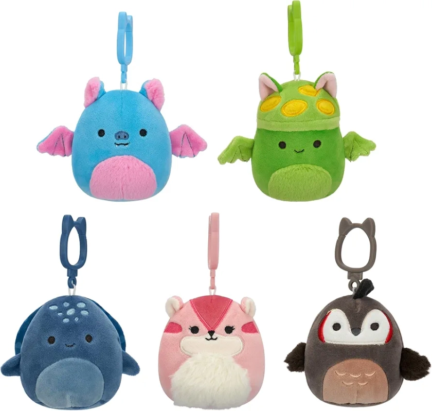 Squishmallows Original Clip 5-Pack – Boyle Fruit Bat, Dianalee Chipmunk, Theodore Roadrunner, Earling Mushroom Bat, Truman Turtle