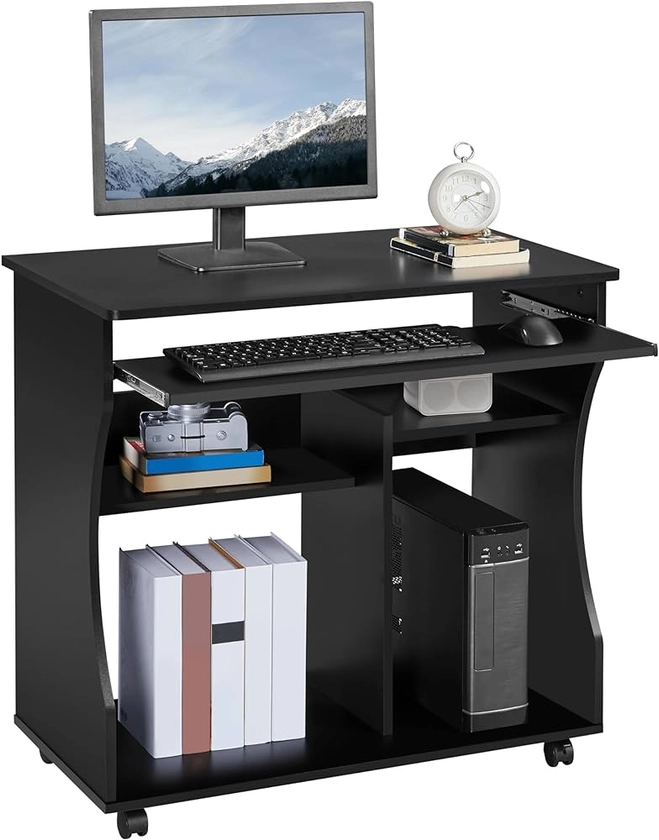 Yaheetech Movable Computer Office Desk PC Laptop Table Home Office Furniture with Sliding Keyboard 2 Shelves Study Workstation on Wheels Black 80.1x48.1x76.2cm