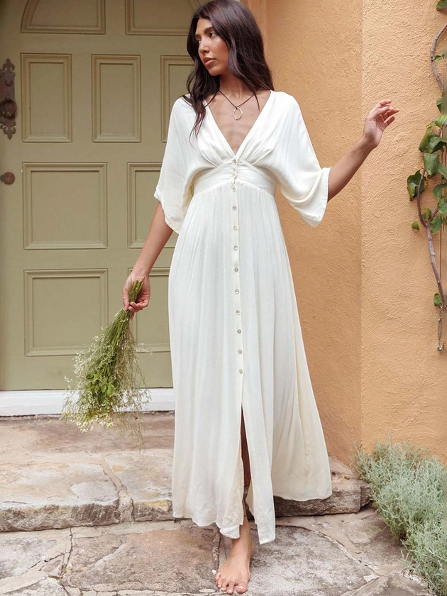 LULU & SKY V-Neck Extended Sleeves Buttoned Maxi Dress