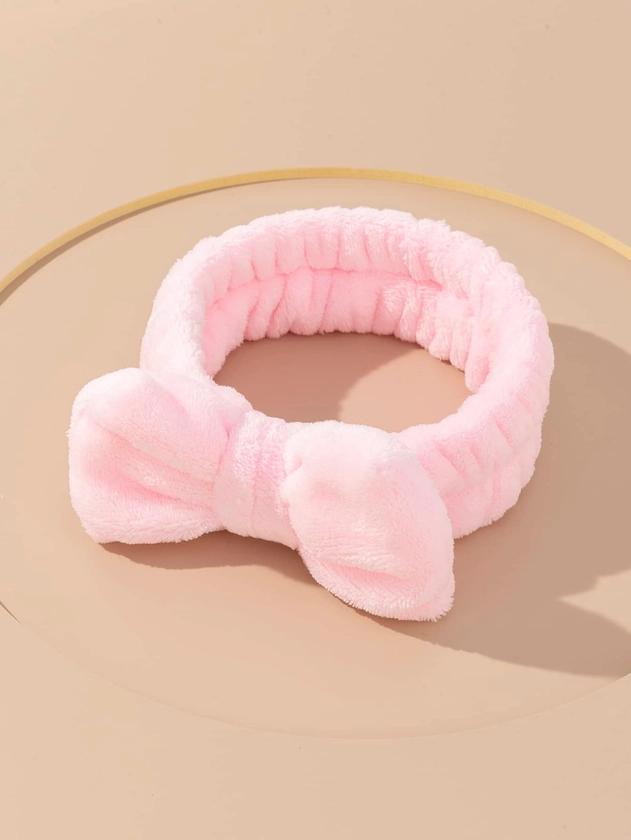 1pc Pink Bath Headband, Cute Polyester Bow Decor Facial Makeup Headband For Bathroom