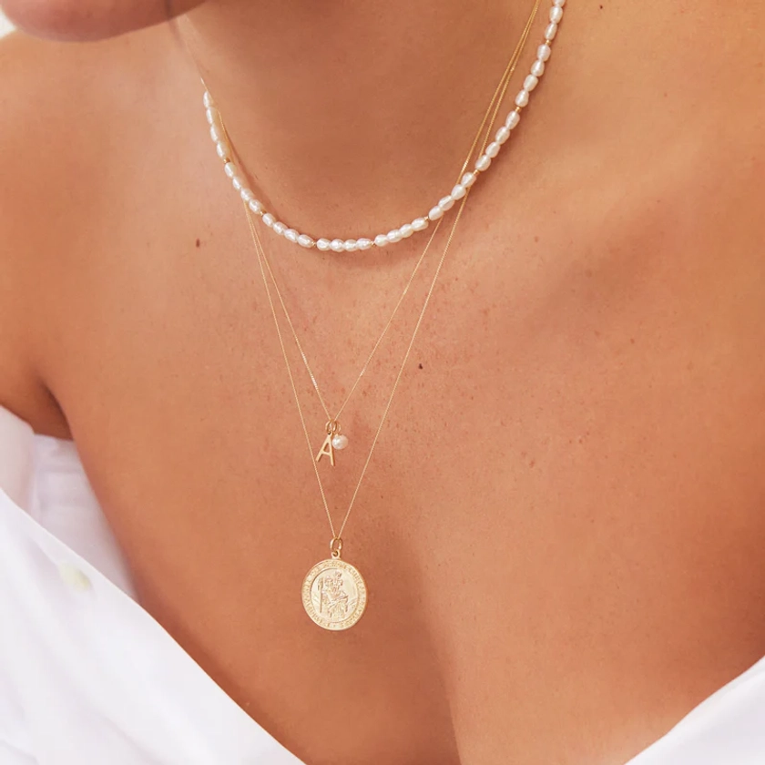 Lily & Roo SOLID GOLD INITIAL AND PEARL DROP NECKLACE