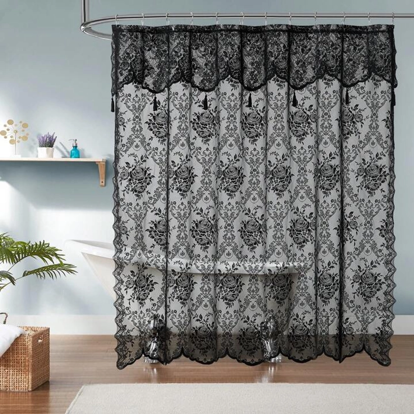 WARM HOME DESIGNS Lace Shower Curtain With Attached Valance And Tassels. Luxury Vintage Shower Curtain In 4 Sizes And 4 Colors.