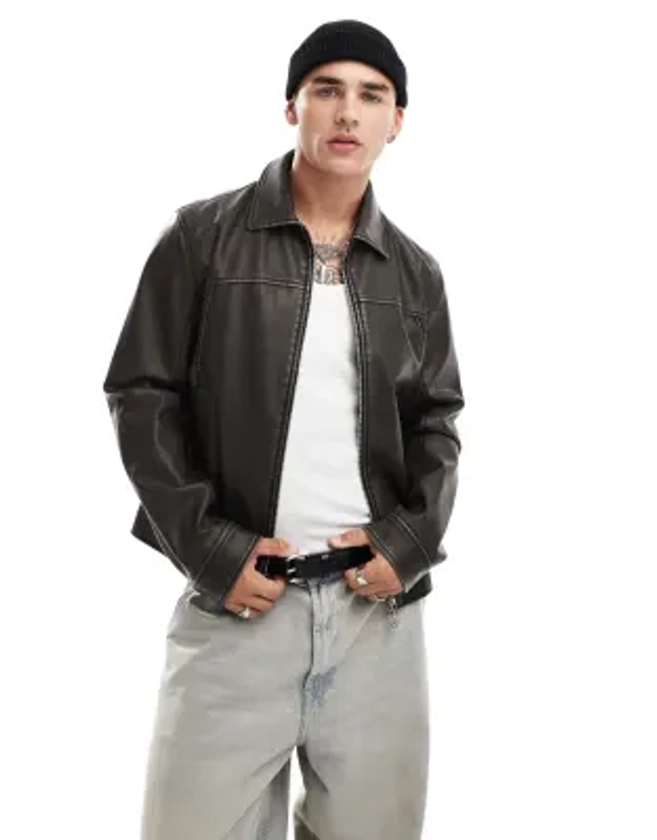 ASOS DESIGN - Blouson Harrington en similicuir avec surpiqûres - Marron