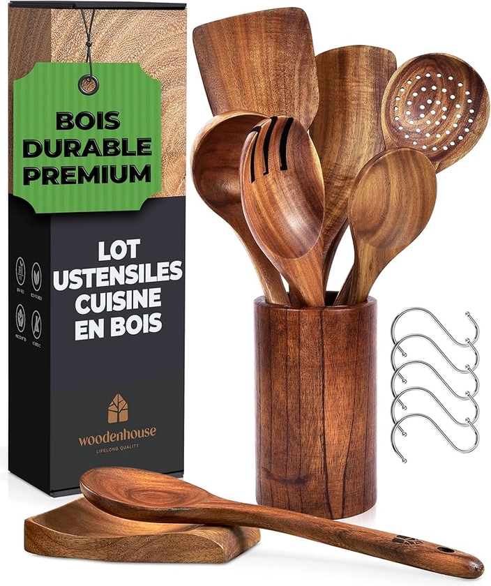 Ustensiles en Bois de Teck avec Support et Repose Cuillère - Cuillères et Spatule pour la Cuisine - Naturels et Sains Antiadhésifs - Ensemble 13 Pièces : Amazon.fr: Cuisine et Maison