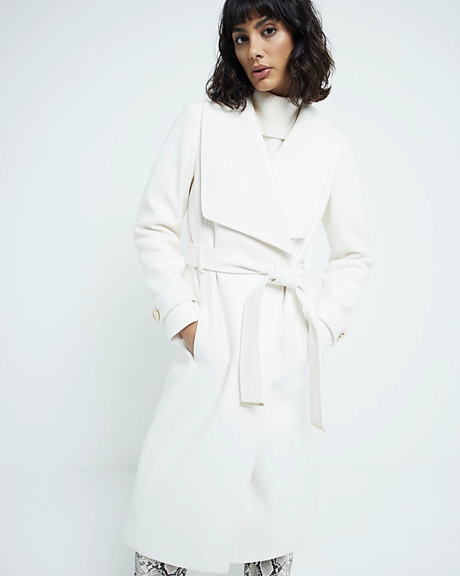 Cream belted wrap coat | River Island