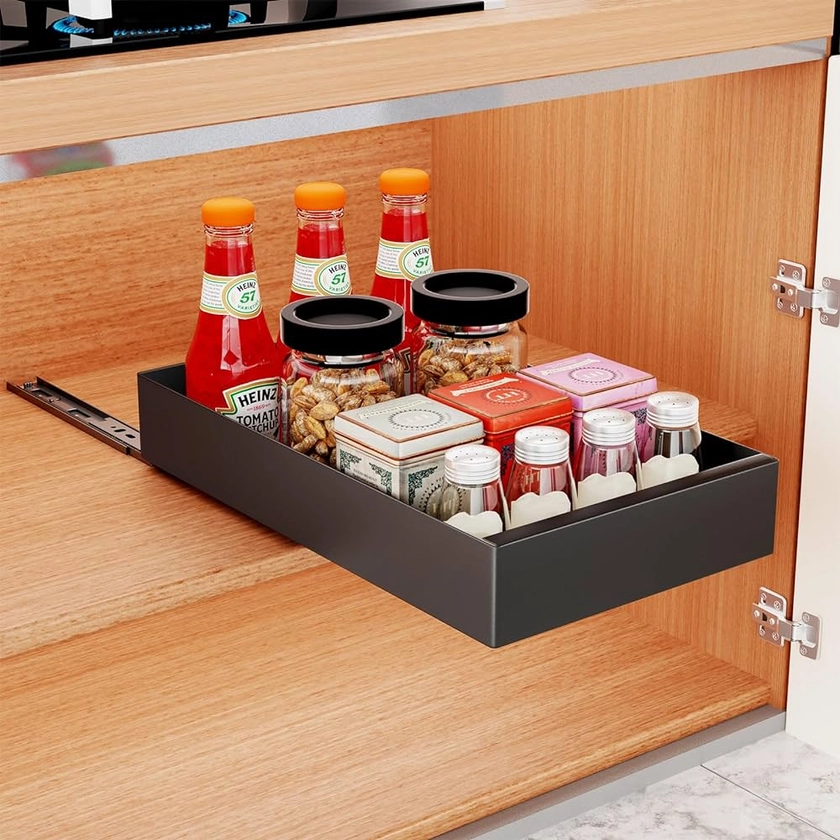 Gelewuld Pull Out Cabinet Organizer, Pull Out Drawers for Cupboards, Heavy Duty Pull Out Kitchen Storage for Kitchen, kitchen pullout Drawers No Need Drill Pull Out Shelf (Black/25 W*43 D*7 H cm) : Amazon.co.uk: Home & Kitchen
