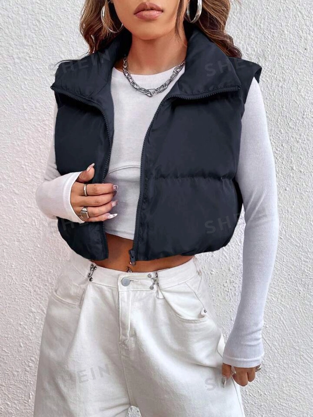 SHEIN EZwear Zipper Front Padded Vest Jacket