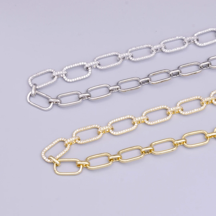 16K Gold Filled 10mm Half Micro Paved CZ Paperclip 17 Inch Chain Necklace in Gold & Silver WA-1894 WA-1895 - Etsy
