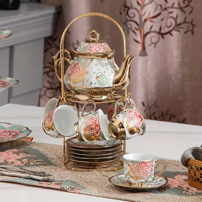 Deluxe Floral Ceramic * with Golden Stand - 20-Piece Hand-Painted Tea Service for 6, Includes Cups, Saucers, Spoons, Teapot - BPA Free, Hand Wash Only, Leak Proof, Insulated for Mother's Day, Thanksgiving, Elegant Gifting