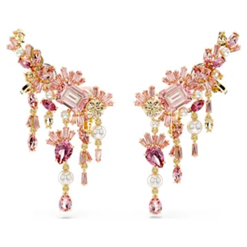 Gema clip earrings, Mixed cuts, Chandelier, Flower, Pink, Gold-tone plated