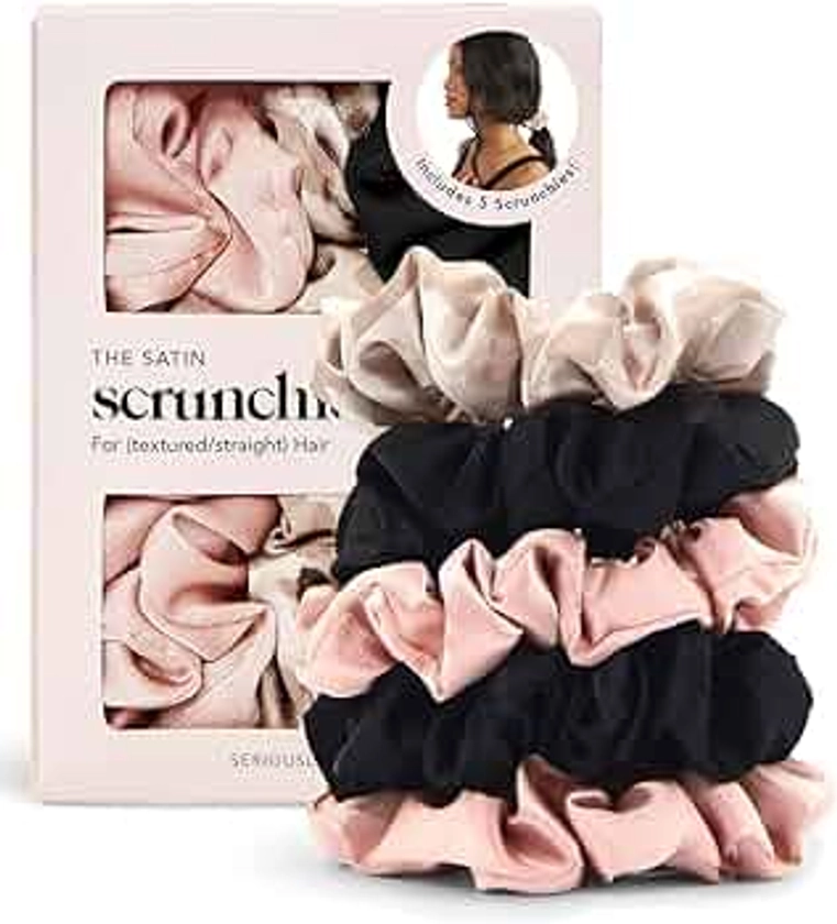 Kitsch Satin Scrunchies - Softer than Silk Scrunchies for Women | Cute Hair Ties & Hair Scrunchies for Hair | Stylish Scrunchie for Teens | Scrunchies for Girls | Ponytail Holders, 5pc (BlushBlack)