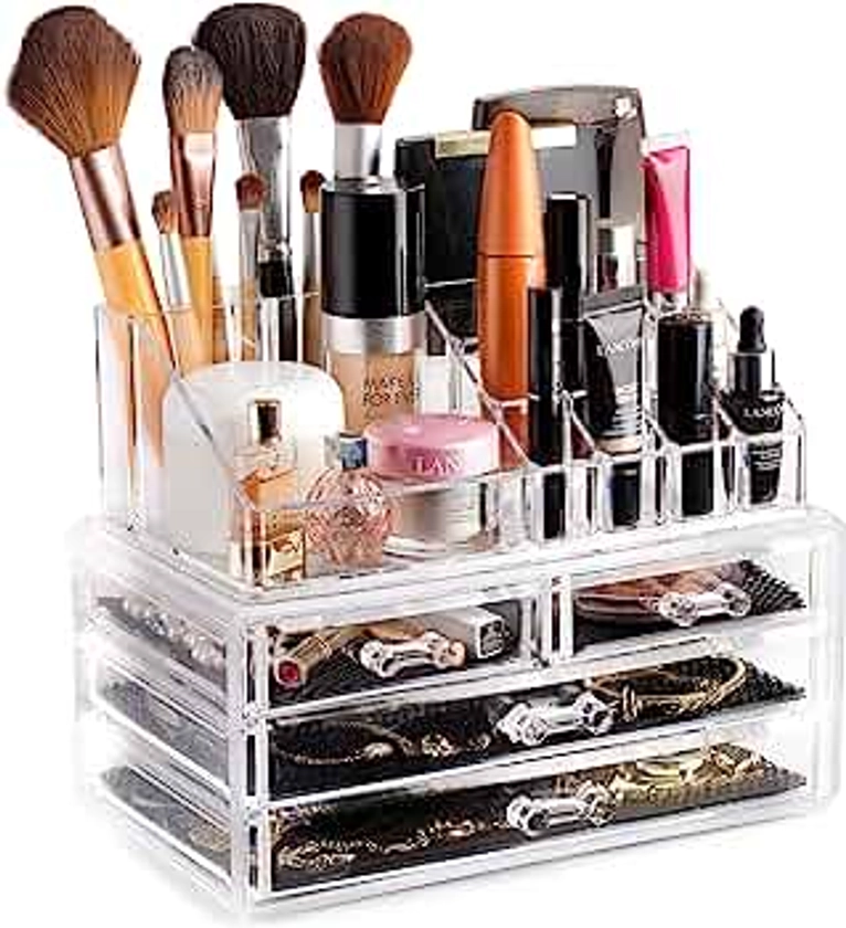 Masirs Clear Cosmetic Storage Organizer, Easily Sort Make-up, Jewelry & Hair Accessories, Looks Elegant on Your Vanity, Bathroom Counter or Dresser, Transparent Design for Easy Visibility
