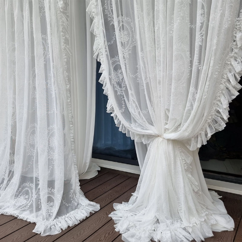 White Ruffled Lace Sheer Curtains Pastoral Jacquard Floral French Window Drapes