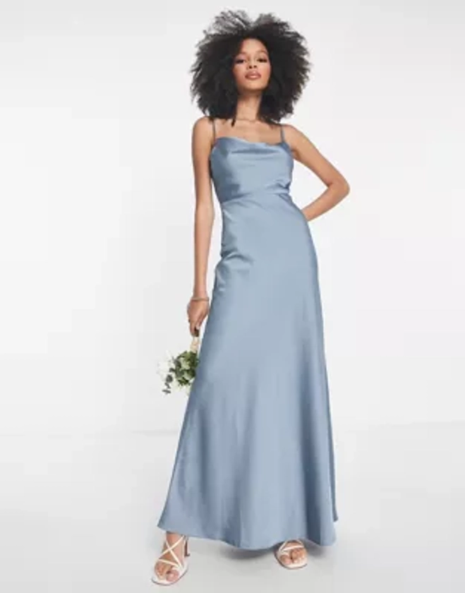 ASOS DESIGN Bridesmaid satin cowl neck maxi dress with full skirt in dusky blue | ASOS