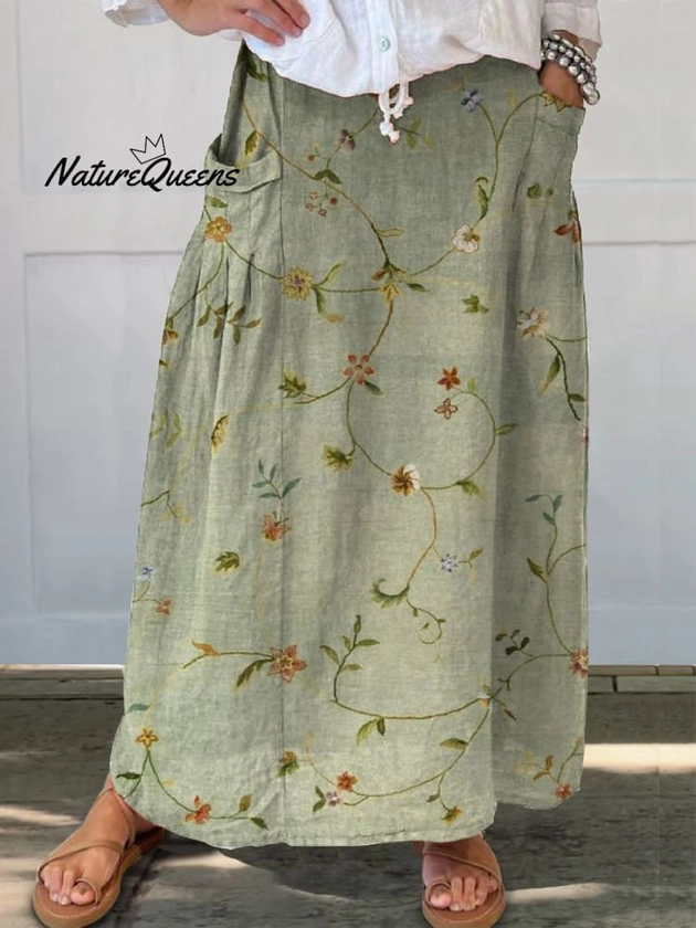 Women's Retro Floral Art Linen Elastic waistband Pocket Skirt