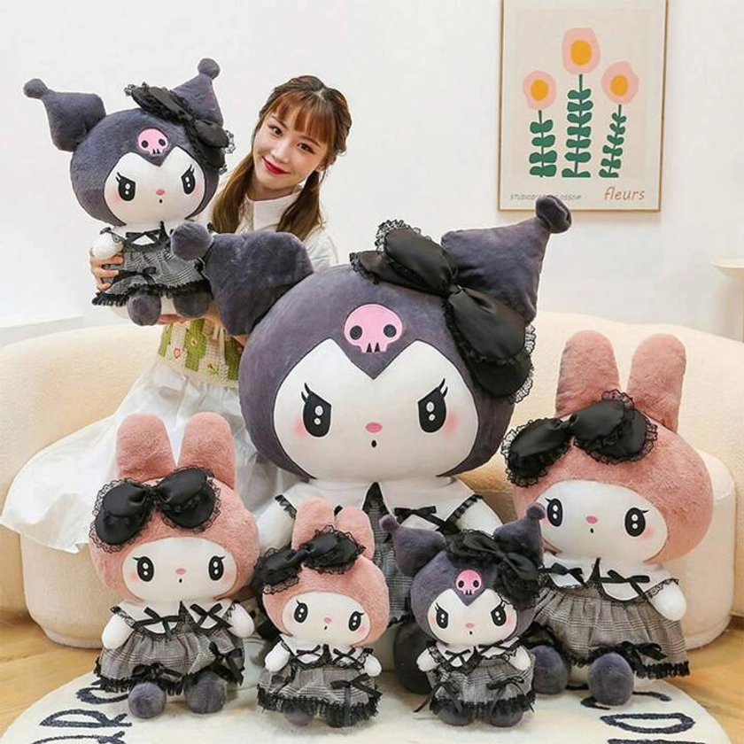 Juguete de peluche de Sanrio Kuromi de la serie "Kuromi usando una falda", almohada con forma de conejo, regalo de cumpleaños