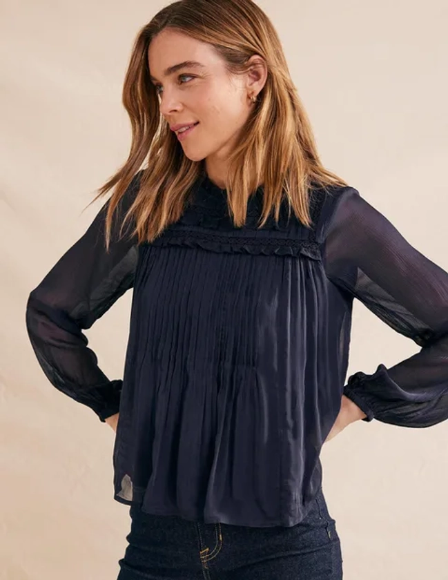 Georgette Trim Top - Navy | Boden US